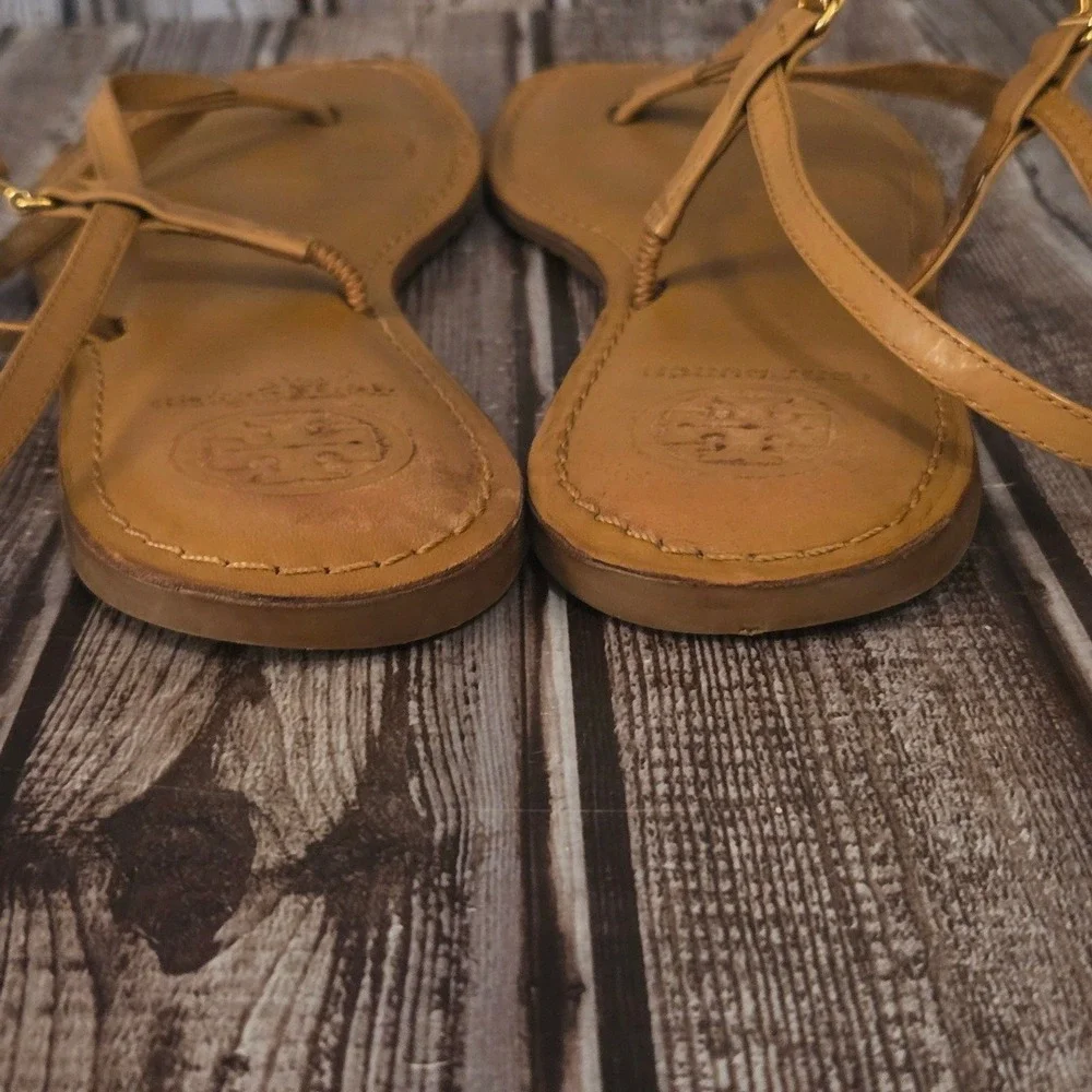 Sz 8.5 M Tory Burch Ali Brown Leather Gold Logo Thong Flat Sandals VGUC!
